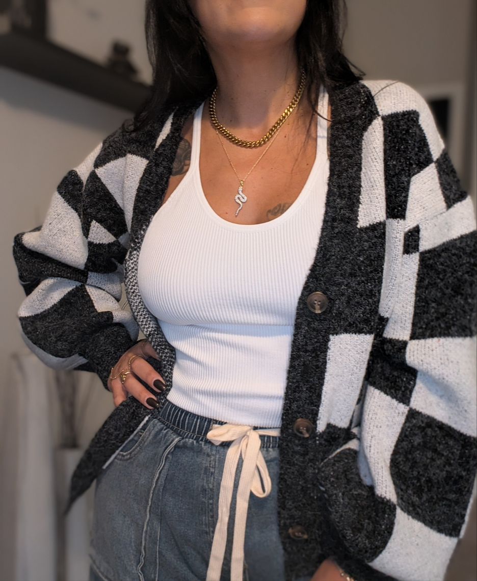 Checkered Button Front Cardigan Sweater