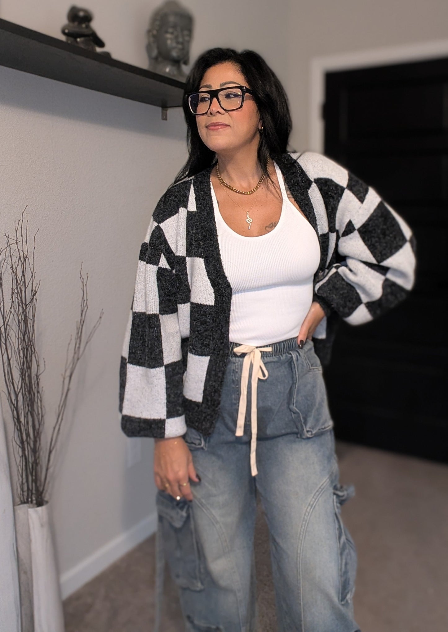 Checkered Button Front Cardigan Sweater