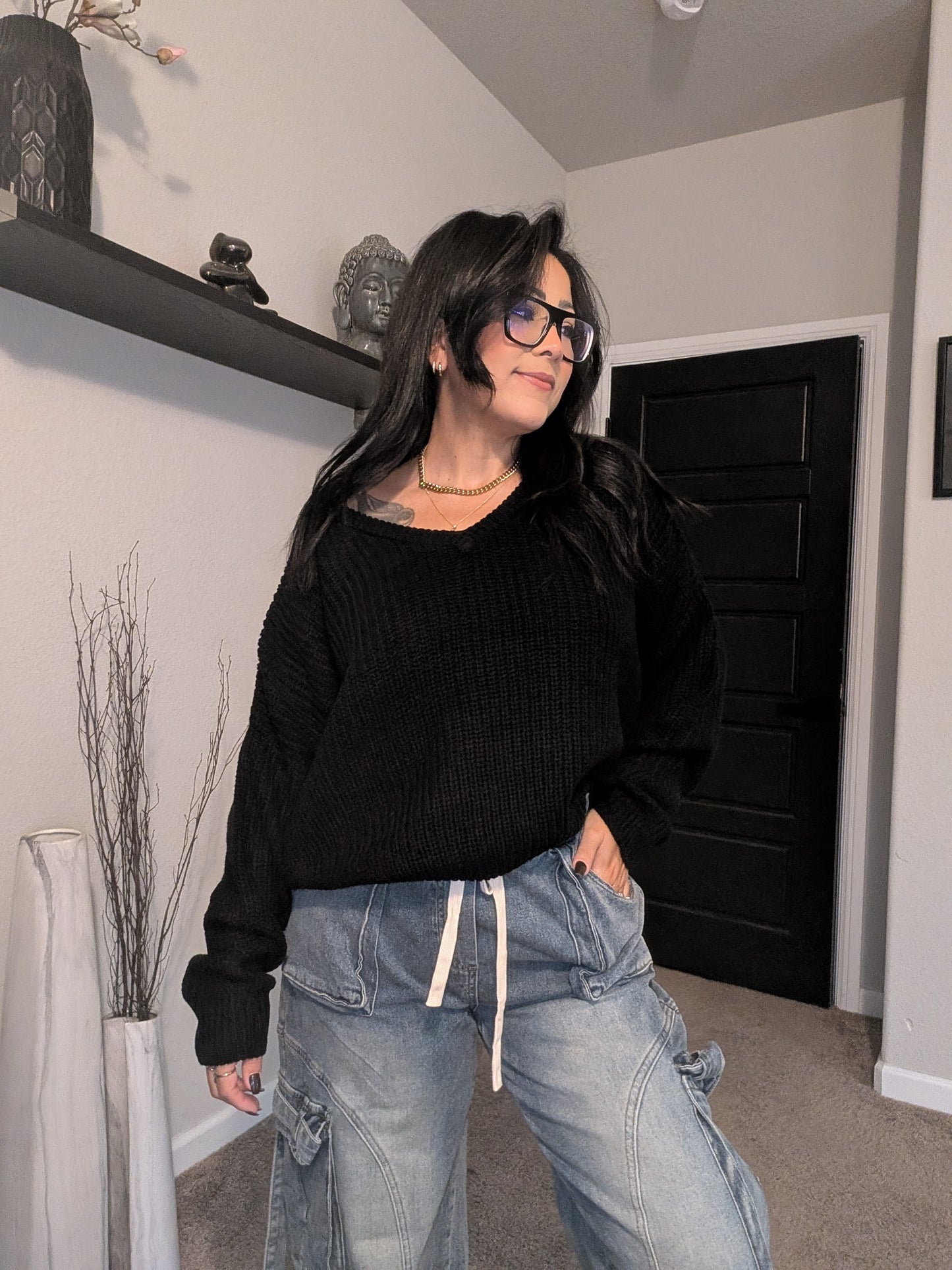 Oversized V-Neck Knit Sweater