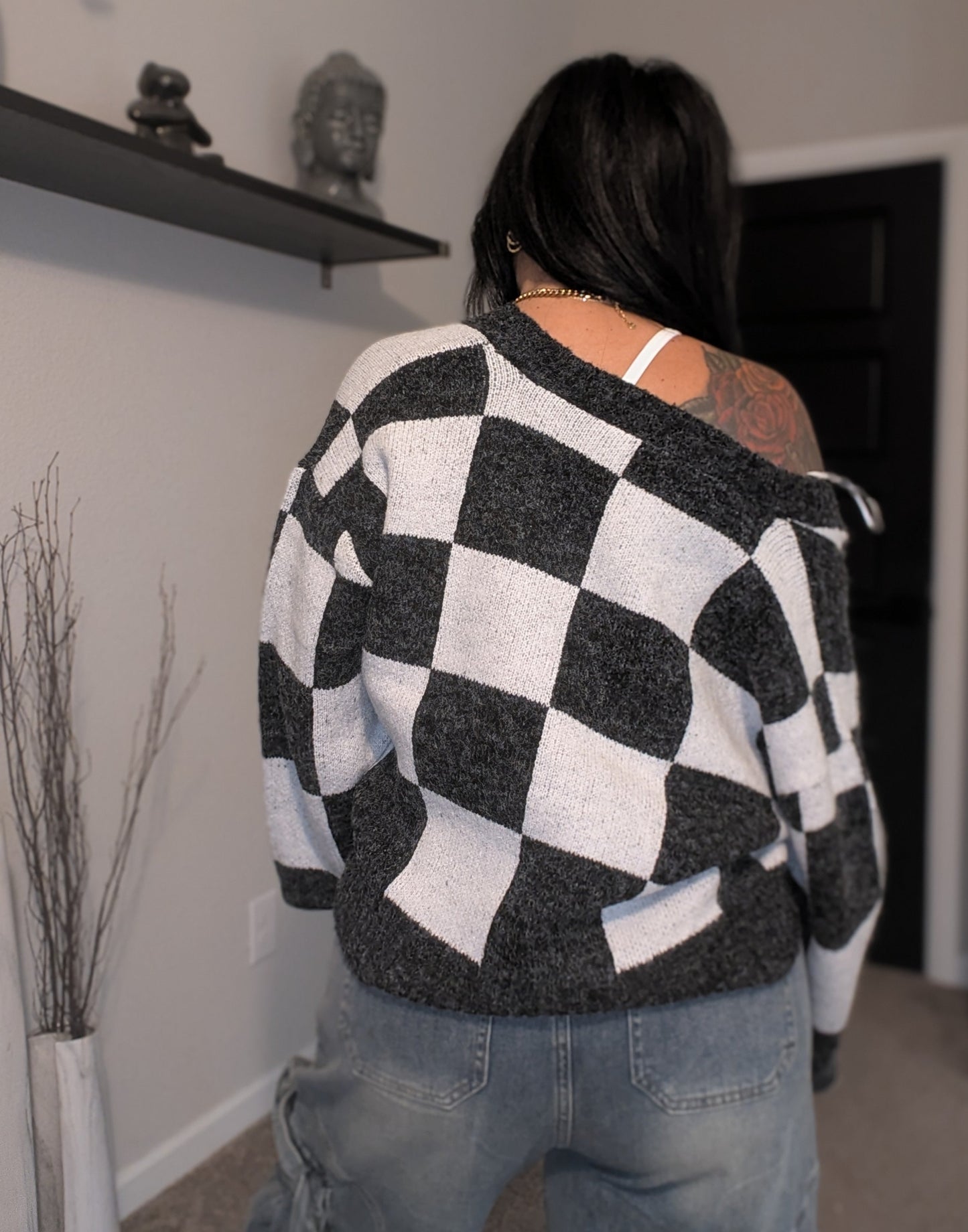 Checkered Button Front Cardigan Sweater
