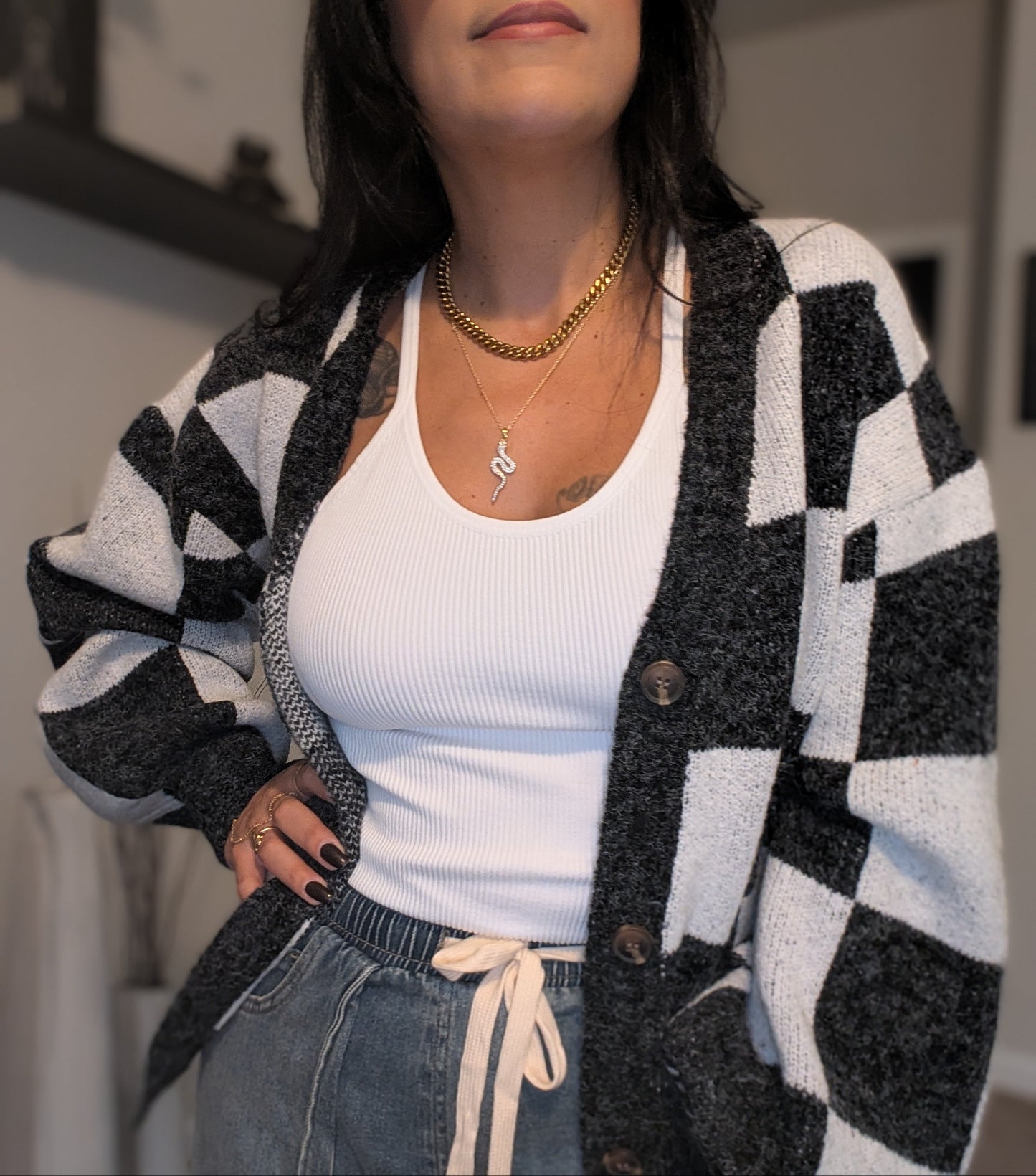 Checkered Button Front Cardigan Sweater