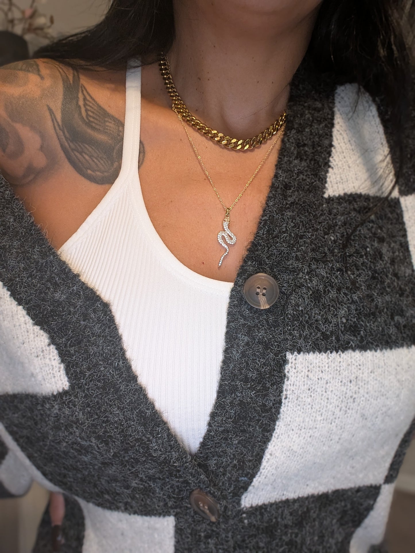 Checkered Button Front Cardigan Sweater