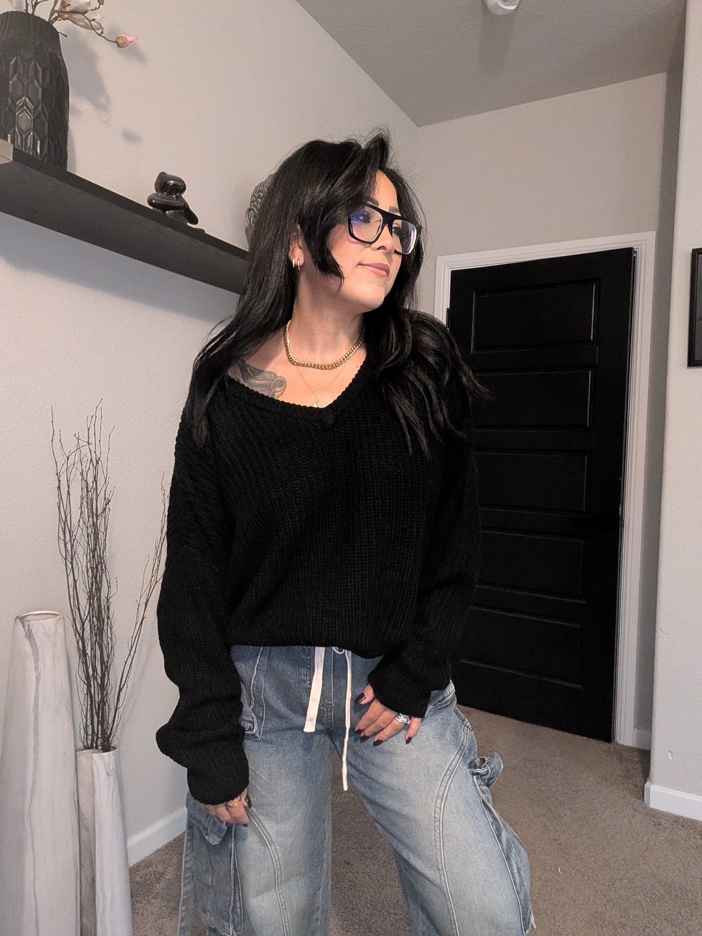 Oversized V-Neck Knit Sweater