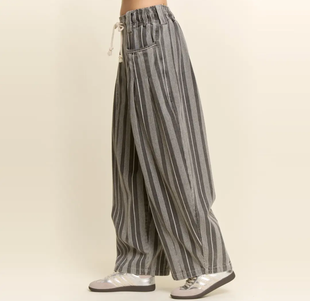 Striped Denim Drawstring Barrel Pants