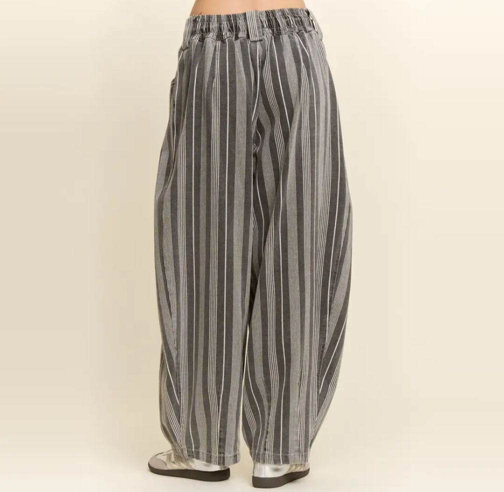 Striped Denim Drawstring Barrel Pants