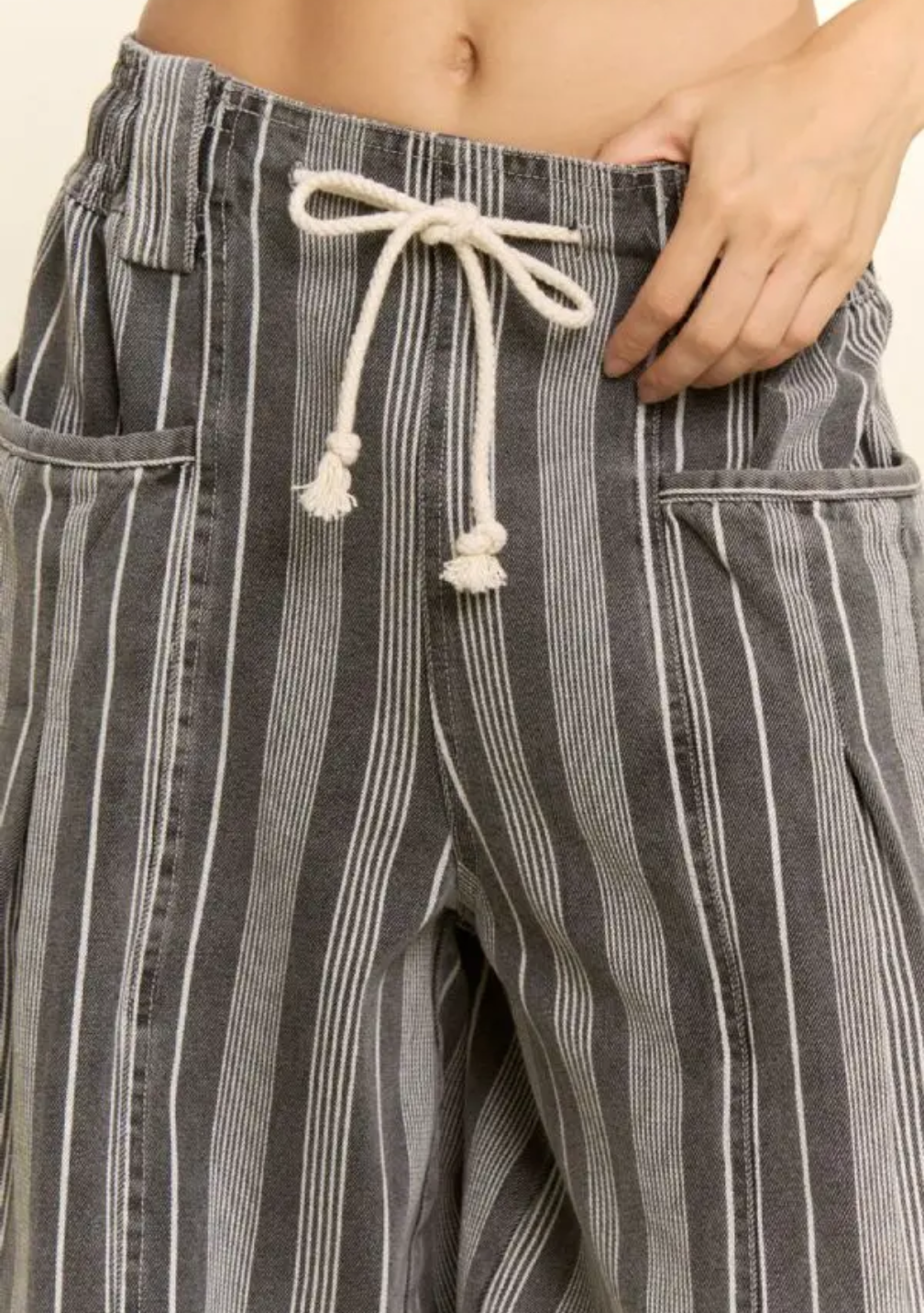 Striped Denim Drawstring Barrel Pants