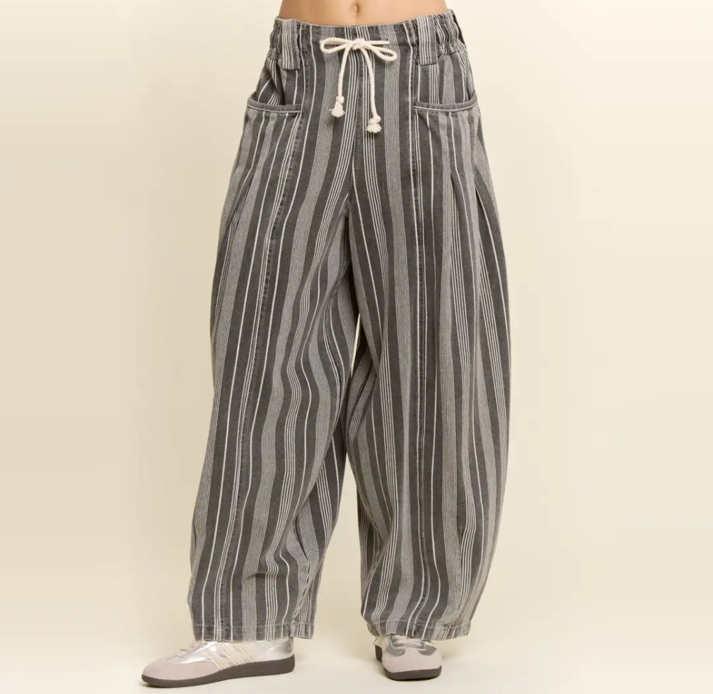 Striped Denim Drawstring Barrel Pants