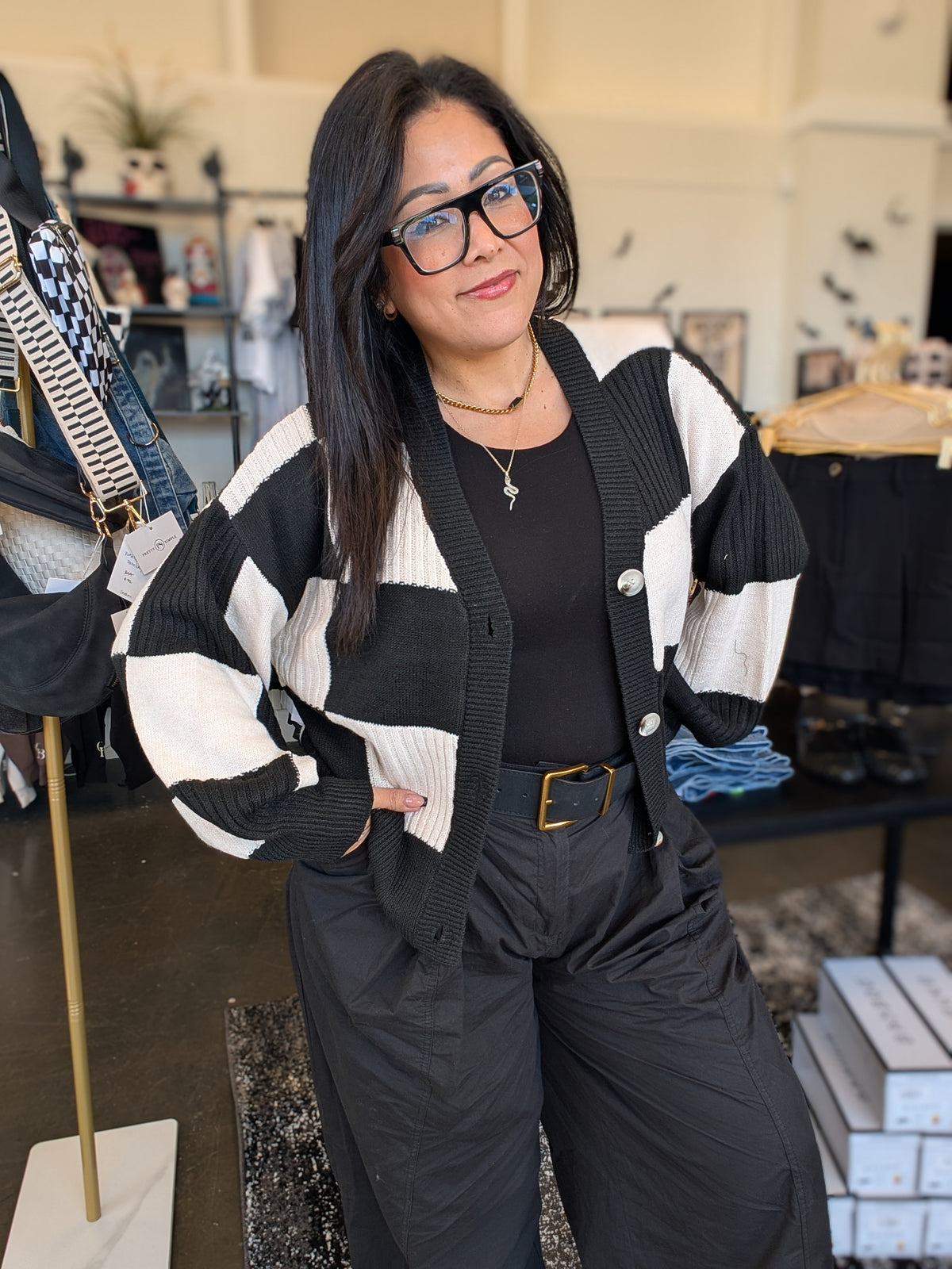 Checkered Button Cardi
