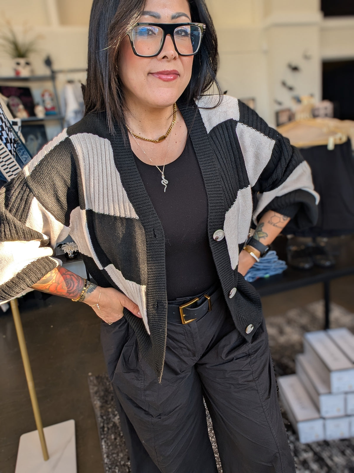 Checkered Button Cardi
