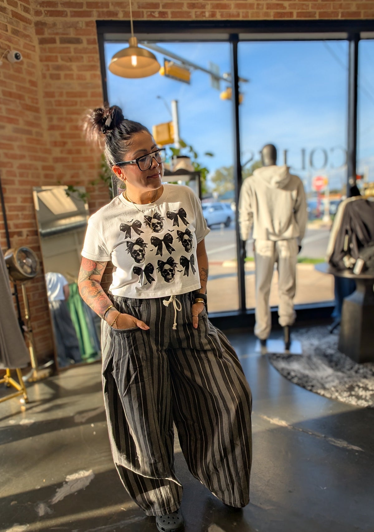 Striped Denim Drawstring Barrel Pants