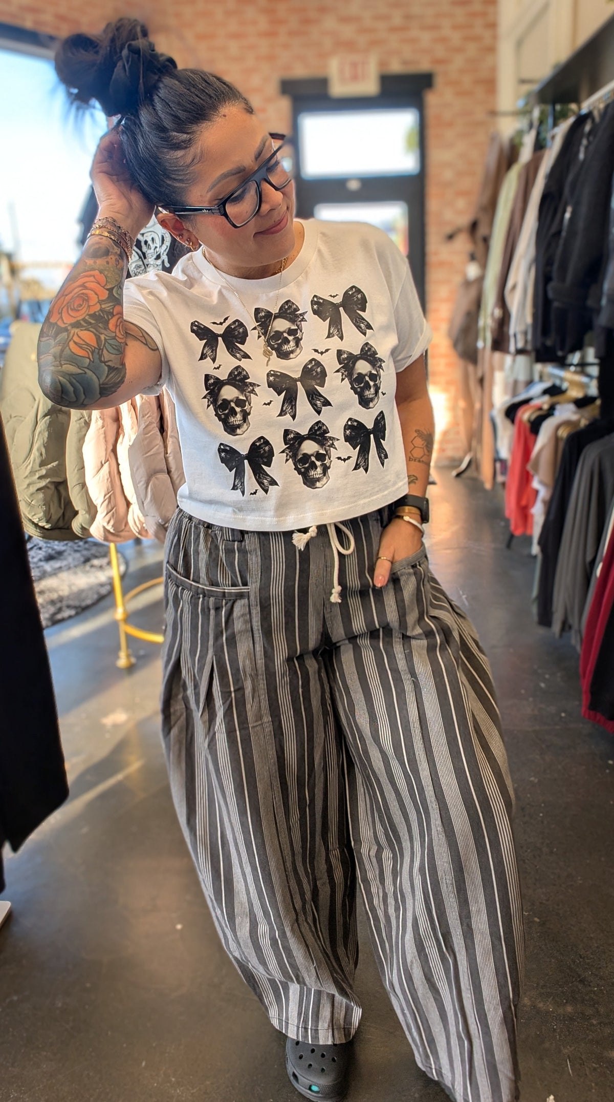Striped Denim Drawstring Barrel Pants