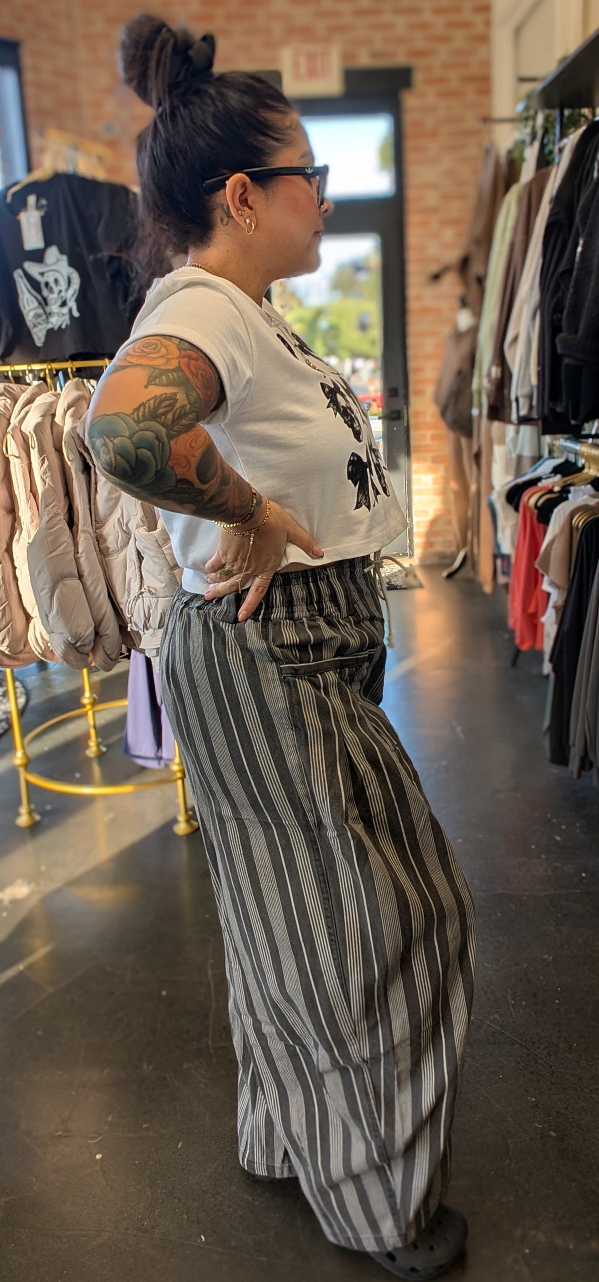 Striped Denim Drawstring Barrel Pants