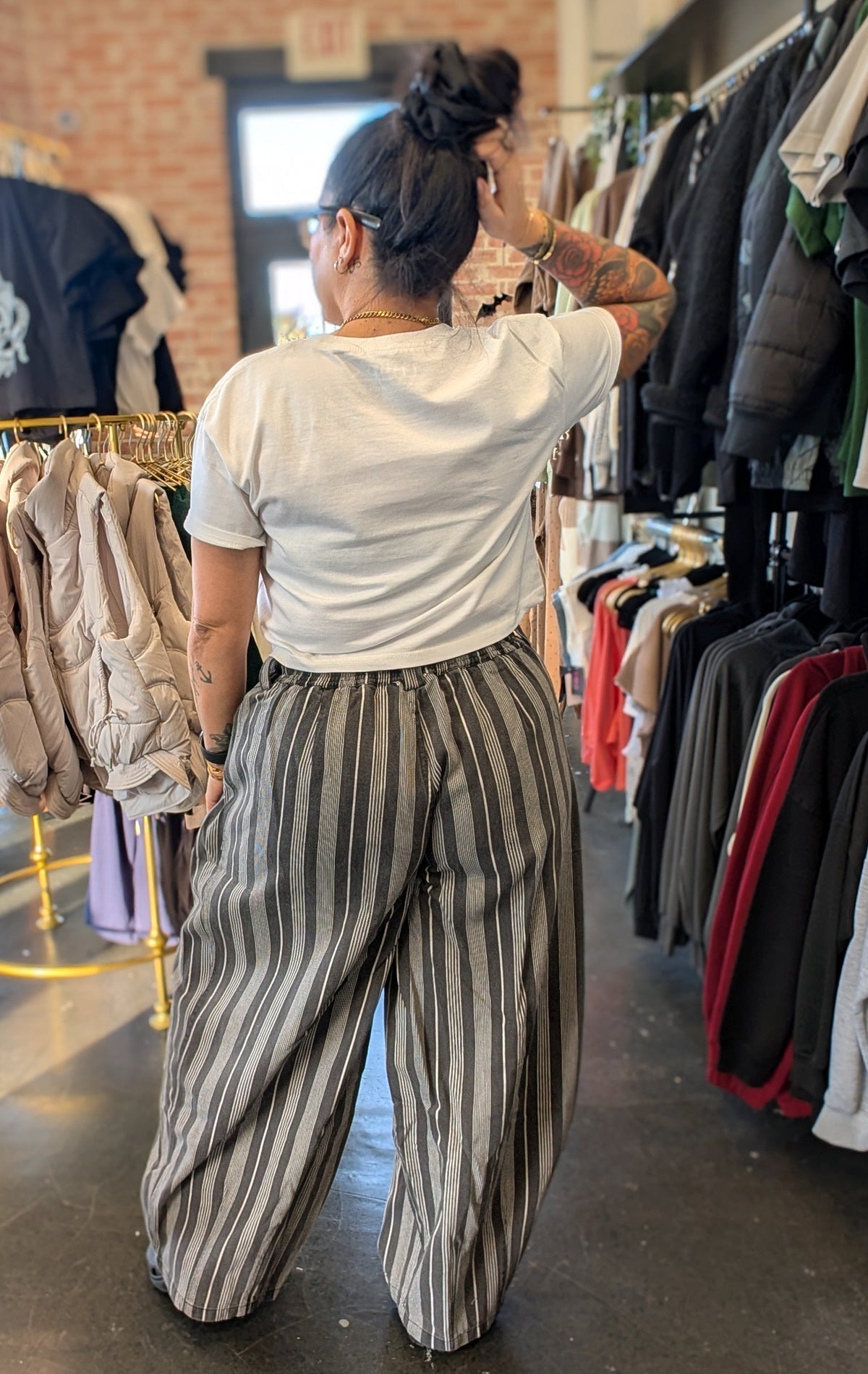 Striped Denim Drawstring Barrel Pants