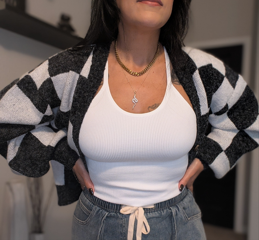 Checkered Button Front Cardigan Sweater